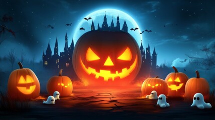 Wall Mural - halloween background with pumpkins and cute ghosts