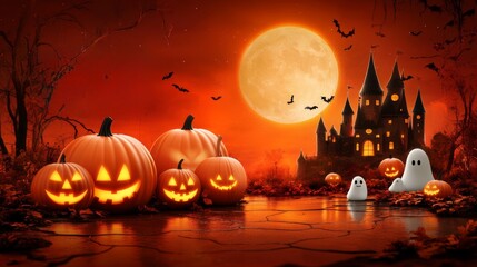 Wall Mural - halloween background with pumpkins and cute ghosts