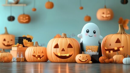 Wall Mural - halloween background with pumpkins and cute ghosts