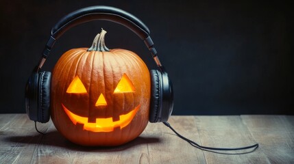 Wall Mural - Halloween pumpkin with headphones for music