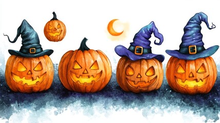 Wall Mural - Watercolor Halloween pumpkins with witches hats on a white background