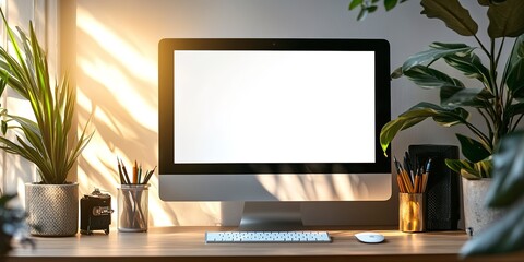 Poster - Workspace desk with pc and blank screen desktop computer in minimal office room with decorations and copy space. Mock up for advertisement,text,logo and other 