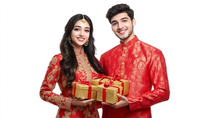 Happy couple in red and gold traditional attire holding gift boxes on white background