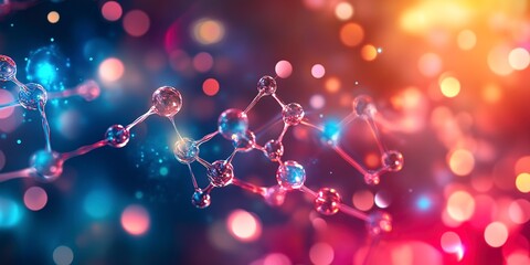 Poster - Vibrant abstract background of molecular structures: dna strands, genetic engineering, neural networks, innovation technology - scientific research concept 