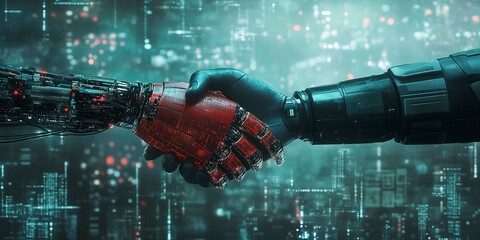 Poster - Unity in Innovation: A Handshake Between Human and Robot Against the Data Cosmos. Step into a vision of unity and technological advancement with this ultra 