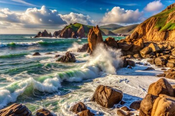 Wall Mural - Ocean waves crashing on rocky coastline under clear sky