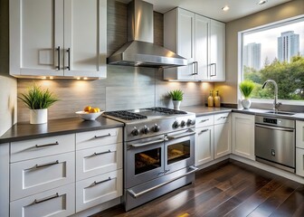 Modern stovetop and oven set in sleek kitchen interior with white cabinetry and stainless steel appliances