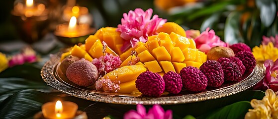 Wall Mural - Tropical fruits and sweets on lush green backdrop with floral and candle decorations