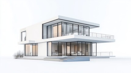 Modern white house with large windows and a balcony, isolated on a white background.