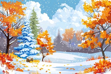 Wall Mural - Winter Forest with Snow and Autumn Leaves