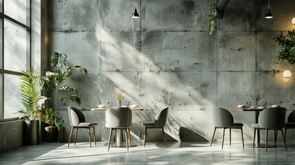 Poster - Modern luxury dining room with concrete walls, stylish furniture, and natural light creating serene atmosphere. Perfect for elegant dining experiences
