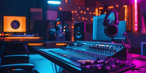 Poster - Professional podcasting setup highlighting mixing console and headphones in modern studio environment 