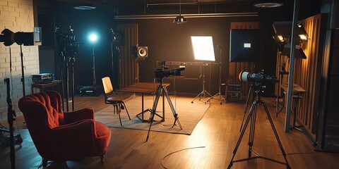 Poster - Professional Podcast Studio SetupStudio, podcast, interviews, empty, stylish, professional, podcasting, recording, equipment, chairs, cameras, lights, microphones, studio setup, podcast studio