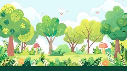 Canvas Print - Green Forest Illustration With Cartoon Style Trees