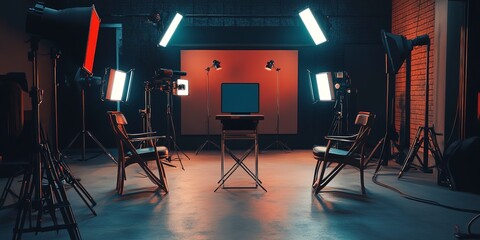 Poster - Professional Podcast Studio SetupStudio, podcast, interviews, empty, stylish, professional, podcasting, recording, equipment, chairs, cameras, lights, microphones, studio setup, podcast studio 