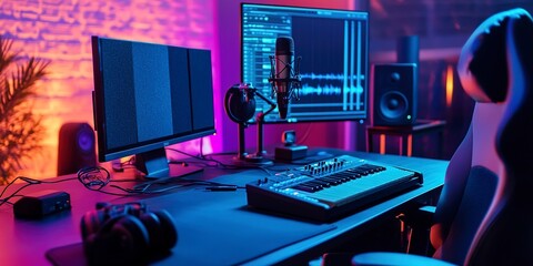 Poster - Professional podcast studio setup with microphone, mixer, keyboard, and monitors audio recording
