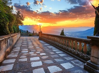 Sticker - Stone Pathway With Sunset View Over Mountains