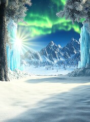 Sticker - Winter Wonderland Landscape With Aurora Borealis And Frozen Icicles