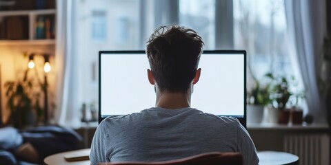 Wall Mural - Over shoulder shot of a young man using computer laptop in front of an blank white computer screen in home 