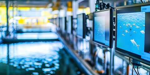 Poster - Monitoring system tech on a fish farm, screens with data and cameras overseeing the fish pens, technology used in modern aquaculture. Copy space for text 