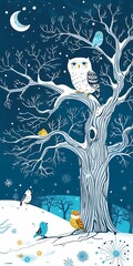 Sticker - Winter Night Owl Illustration With Snow And Trees