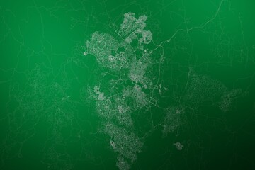 Map of the streets of Canberra (Australia) made with white lines on abstract green background lit by two lights. Top view. 3d render, illustration