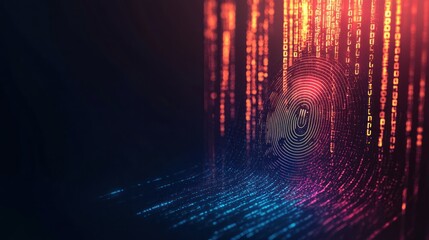 Poster - Digital fingerprint overlaid with binary code, symbolizing cybersecurity and data protection.