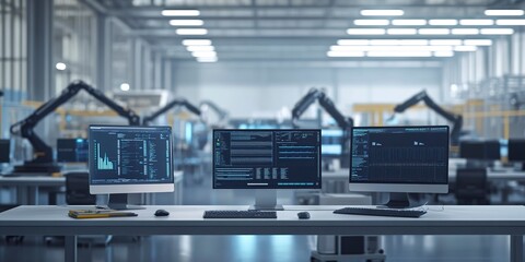 Poster - Mockup of modern monitoring with AI control on several desktop computers In the background is a modern 4.0 factory environment with robot arms and assembly lines