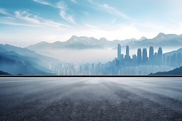 Fototapete - Empty asphalt road and modern city skyline with mountains in the background.