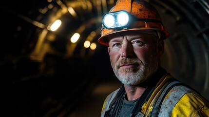 A miner wearing a safety uniform with a headlamp, standing inside a dark tunnel, showcasing mining safety.