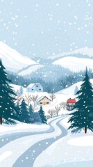 Canvas Print - Snowy Winter Landscape Illustration With Houses and Pine Trees