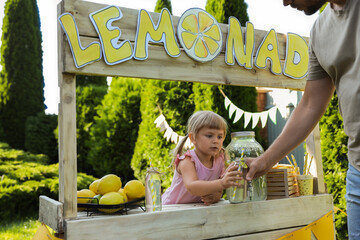 Wall Mural - Cute little girl selling natural lemonade to man in park