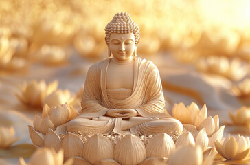 Wall Mural - a golden Buddha statue sitting on lotus flowers, with a golden background and a light brown color scheme