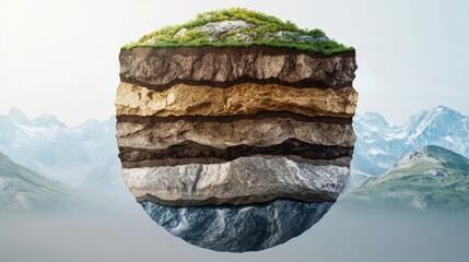 A surreal illustration of earth layers with greenery at the top, set against a mountainous backdrop, symbolizing nature's beauty.