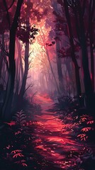 Sticker - Red Forest Path with Falling Leaves