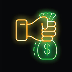 Poster - Glowing neon sign of a businessman hand firmly holding a bag of money on a black background