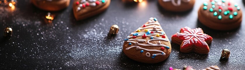 Deliciously decorated gingerbread cookies on a dark surface, perfect for holiday celebrations and festive gatherings.