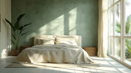 Wall Mural - Minimalist bedroom with large window, green wall, and sunlight streaming through.