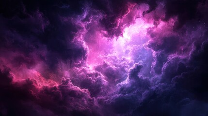 Abstract purple and pink clouds with a light shining through.