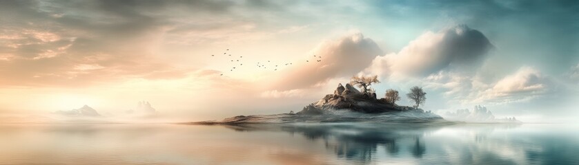 A serene island at dawn, surrounded by calm waters and soft clouds in pastel hues, creating a tranquil atmosphere.