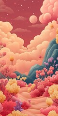 Wall Mural - Pink and Yellow Landscape with Trees and Mountains