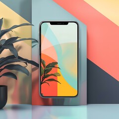 Wall Mural - Minimalist Phone Mockup with Abstract Background and Plant