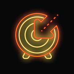Poster - Neon sign of an arrow hitting the center of a target, symbolizing success, precision and achievement