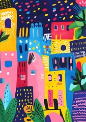 Poster - Abstract Cityscape with Colorful Buildings and Plants