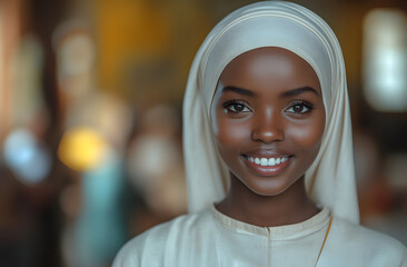 Wall Mural - Portrait of a Smiling Black Nun Standing in a Church, Illuminated by Soft Light, Representing Faith, Devotion, and Inner Peace in a Sacred and Spiritual Environment
