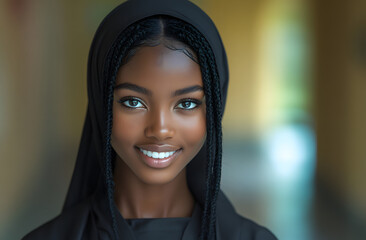 Wall Mural - Portrait of a Smiling Black Nun Standing in a Church, Illuminated by Soft Light, Representing Faith, Devotion, and Inner Peace in a Sacred and Spiritual Environment
