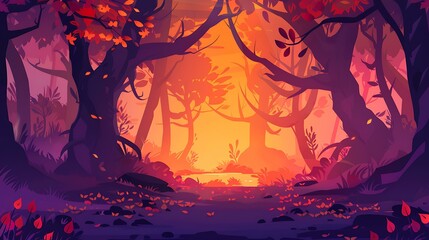 Poster - Autumn Forest Scene with Colorful Sunset