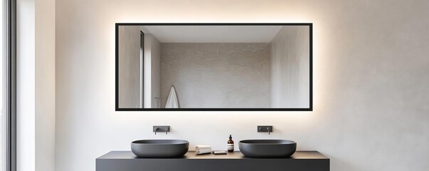 Large rectangular mirror with matte black frame in a minimalist bathroom, minimalist bathroom mirror, modern boldness