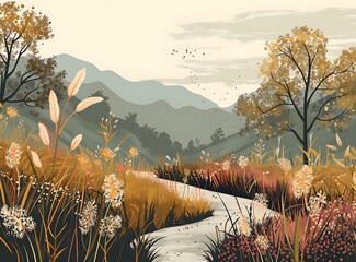 Poster - Autumn Landscape with Stream and Mountains