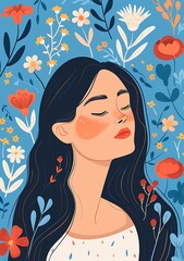 Wall Mural - Woman with Flowers and Blue Background Illustration